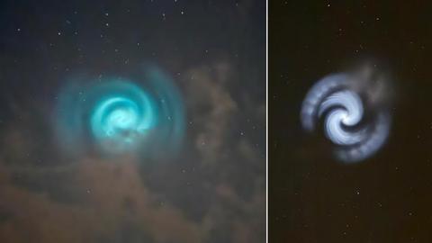 Zwei Bilder von blau-weißlicher Spirale am Nachthimmel