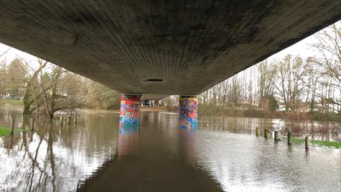 Die Lahn in Gießen ist über die Ufer getreten, überschwemmte Wiese und Wege unterhalb einer Straßenbrücke