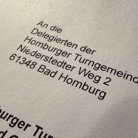 Briefkopf mit den Zeilen: An die Delegierten der Homburger Turngemeinde 1846, Niederstedter Weg 2, 61348 Bad Homburg