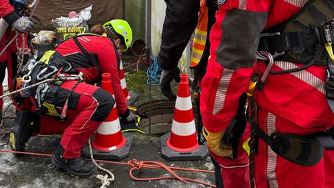 Höhenretter bereiten die Rettung eines Hundes vor, der in einen Schacht gefallen ist.