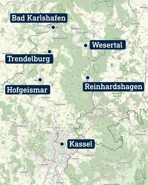 Karte des Bereichs Nordhessen, in welchem die Orte Hofgeismar, Bad Karlshafen, Wesertal, Trendelburg und Kassel dargestellt werden.