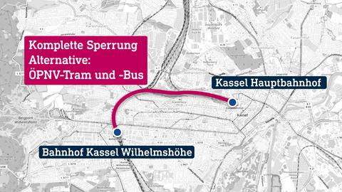 Karte des Gebiets zwischen Kassel-Wilhelmshöhe und Kassel Hauptbahnhof mit Benennung der Orte und Markierung der dazwischenliegenden Streckenführung.