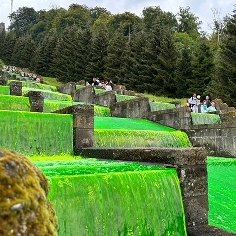 Klimaaktivisten färbten das Wasser im Kasseler Bergpark grün.