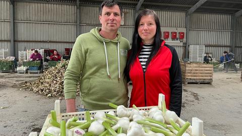 Das Ehepaar Pantiru posiert hinter Kisten mit frisch geerntetem Knoblauch.