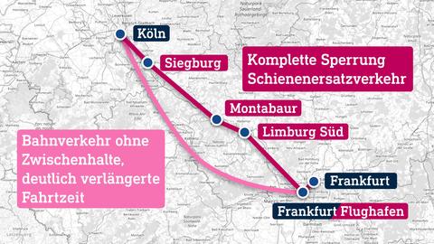 Karte, die den Bereich zwischen Köln und Frankfurt zeigt. Eingetragen sind die Orte Frankfurt, Frankfurt-Flughafen, Limburg, Montabaur, Siegburg, Köln und Strecken dazwischen.