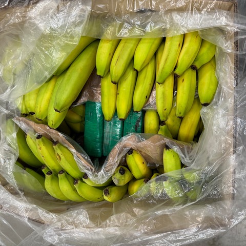 In einer Papierkiste liegen grün-gelbe Bananen darunter sind in grüner Folie umwickeltelte Pakete. 