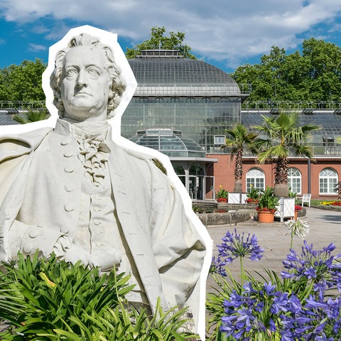 Eine Bildmontage mit einer Goethe-Statue im Vordergrund und dem Frankfurter Palmengarten im Hintergrund.