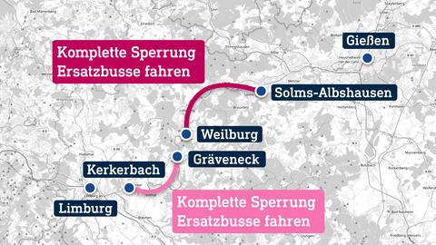 Karte, die den Bereich zwischen Gießen und Limburg zeigt. Eingetragen sind zudem die Orte Gräveneck, Kerkerbach, Weilburg, Solms-Albshausen und Strecken dazwischen.