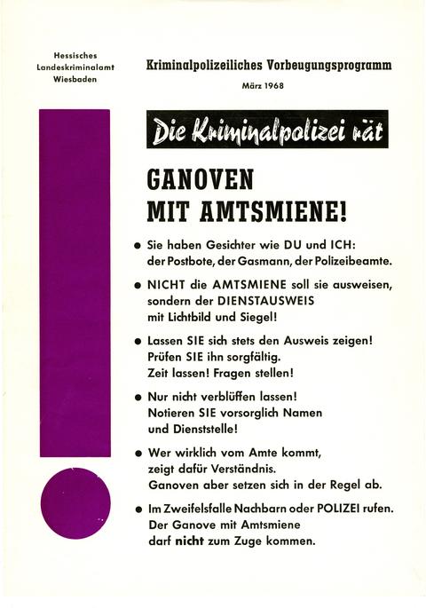 "Ganoven mit Amtsmiene": LKA warnt mit altem Plakat von 1968 vor Trickbetrügern, die sich als Polizisten ausgeben