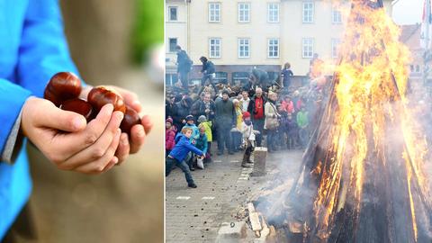 Bildkombination aus zwei Fotos: links eine Kinderhand, die Kastanien hält; rechts eine Foto des Lullusfestes: KInder und Erwachsene stehen um eine großes Feuer herum und werfen Kastanien hinein.