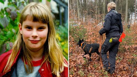 Bildkombination aus zwei Fotos: links ein Portrait eines jungen Mädchens, rechts Foto einer Polizistin, die mit einem Hund an der Leine durch den Wald geht.