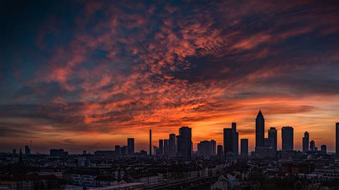 Panoramablick beim Sonnenaufgang über Frankfurt.