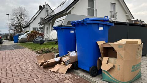 Zwei blaue Tonnen stehen auf einem Bürgersteig. Die Deckel stehen etwas offen, weil sehr viel Papier in den Tonnen ist. Neben den Tonnen stapeln sich weitere Kartons.