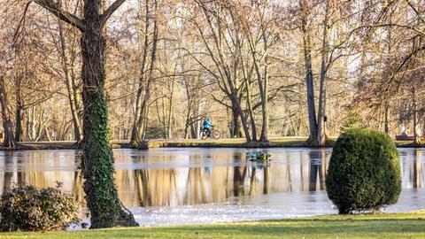 Fahrradfahrer am Ufer eines kleinen Sees in einem Park bei Sonnenschein.