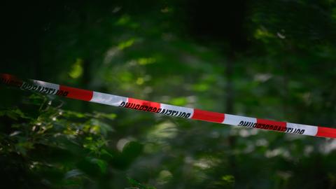 Eine Polizeiabsperrung im Wald.