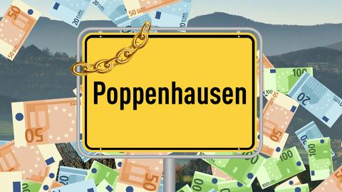 Im Hintergrund Landschaft, vorne das Ortsschild von Poppenhausen, an diesem hängt eine goldene Kette und dahinter fallen Euroscheine herunter. 