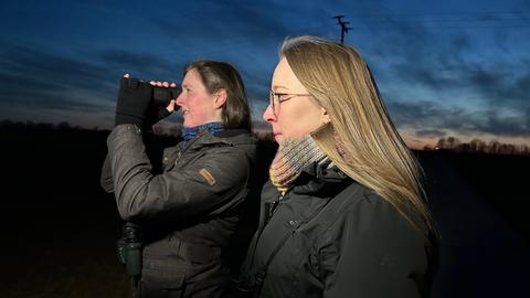 Auf einem Acker in Langgöns suchen Clara Guckenbiehl (links) und Annika Werner (rechts) nach Sonnenuntergang mit einer Wärmebildkamera nach Rebhühnern.