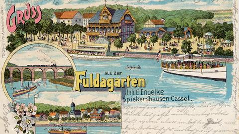 Eine historische Postkarte zeigt die Gaststätte "Fuldagarten" im Kaiserreich. Die Karte ist gezeichnet.