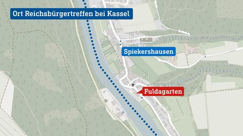 Auf der Karte ist die Landesgrenze zwischen Hessen und Niedersachsen zu sehen, dazu ist die Gaststätte verortet.