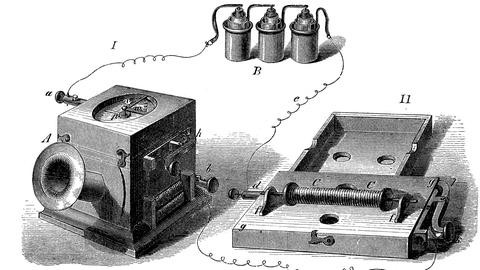 Diese Skizze zeigt, wie das erste Telefon - erfunden von Philipp Reis - aussah. 