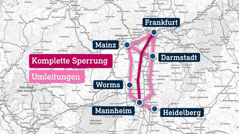 Die Grafik zeigt eine Karte, in welche die Strecke der Riedbahn zwischen Frankfurt und Mannheim und die Umleitungsstrecken eingezeichnet sind. 