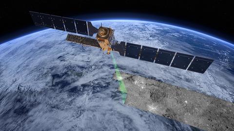 Grafische Darstellung: Sentinel-1-Satellit von oben im Erdorbit, Laser tastet Erdoberfläche ab, an abgetastetet Stellen keine Wolken, sonst vielfach ja.