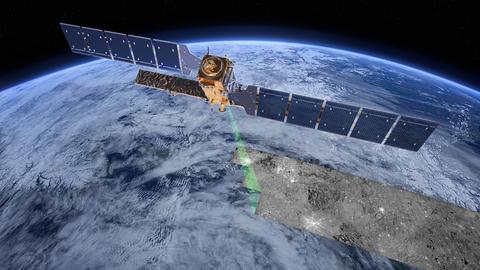 Grafische Darstellung: Sentinel-1-Satellit von oben im Erdorbit, Laser tastet Erdoberfläche ab, an abgetastetet Stellen keine Wolken, sonst vielfach ja.