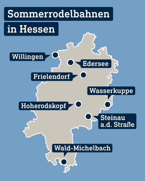 Eine Karte von Hessen zeigt die sieben Sommerrodelbahnen.