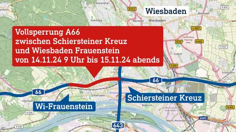 Die Karte zeigt einen Ausschnitt der A66 mit Wiesbaden und Umgebung. Eine Stelle ist rot markiert.