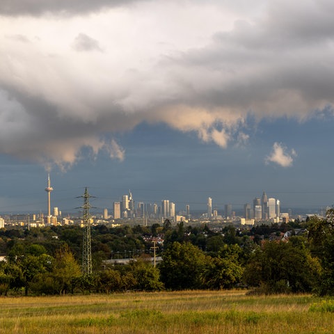 Skyline von Frankfurt aus der Ferne gesehen, im Vordergrund Büsche und Felder, am Himmel türmen sich Regenwolken, durch die Sonnenstrahlen brechen