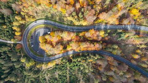 Herbstlich verfärbt sind die Bäume im Taunus, in der Mitte verläuft eine Straße mit Kurve (Luftaufnahme mit einer Drohne).