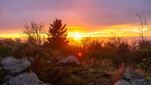 Nach Regenschauern scheint die untergehende Sonne durch Nebelschwaden am Großen Feldberg