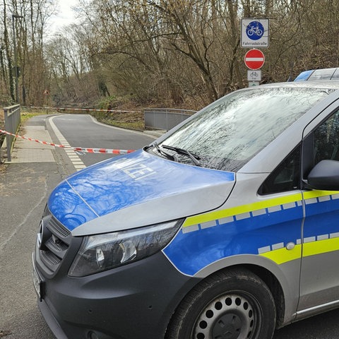 Ein Einsatzfahrzeug der Polizei steht auf einer Straße vor Bäumen.