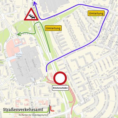 Umleitungsgrafik nach Brückensperrung am Nordwestzentrum