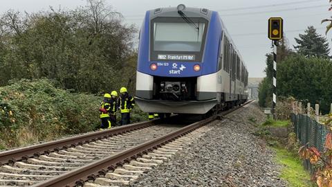 Zug auf Gleisen, daneben Feuerwehrmänner