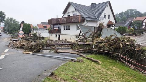 Zwei umgestürzte größere Bäume liegen auf der Straße und versperren eine Straßenausfahrt. Dahinter stehen Wohnhäuser.