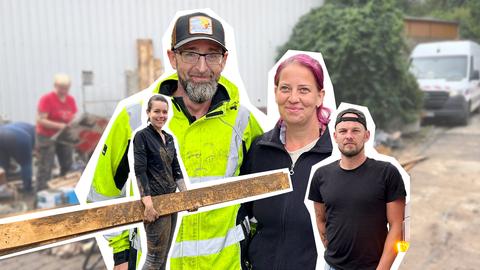 Collage aus vier Menschen: links steht eine Frau mit einem Holzbrett, daneben ein Paar, dass sich in den Armen hält und rechts ein junger Mann mit Mütze. Im Hintergrund unscharf eine Straße mit einem Auto und arbeitenden Menschen.