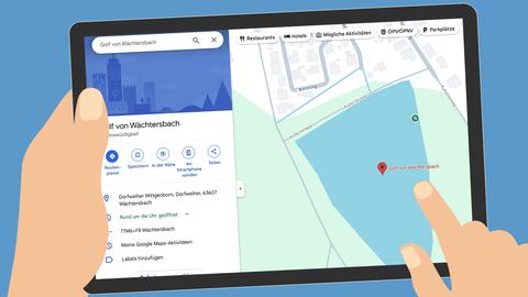 Grafik: Tablet, das von einer Hand gehalten wird. Auf dem Bildschirm ein Screenshot mit einer googlemaps-Karte, in deren Suche Golf von Wächtersbach eingegeben steht.