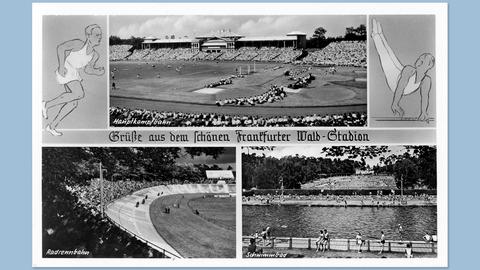 Historische Postkarte in schwarz-weiß mit drei verschiedenen Fotos: ein Schwimmbad, eine Radrennbahn und eine Wettkampfbahn.