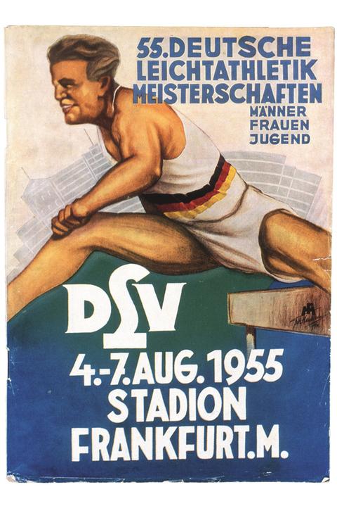 Historisches grafisches Plakat, auf welchem ein Hürdenläufer in Aktion zu sehen ist. Daneben steht "55. Deutsche Leichtathletik Meisterschaften" und "4.-7. August 1955 Stadion Frankfurt"