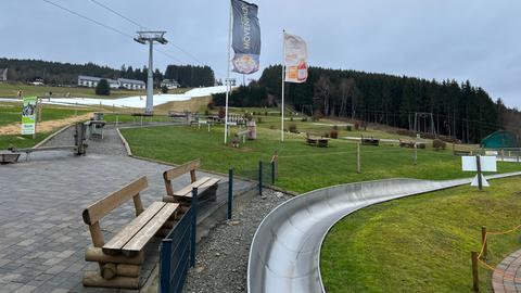 Die Wanne einer Sommerrodelbahn auf einer grünen Wiese.