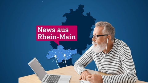 Eine Hessenkarte in dunkelblauer Farbe, wobei die Region Rhein-Main hellblau gefärbt ist. Auf dieser Färbung sind viele kleinere und einige größere weiße Punkte zu sehen, von welchen weiße dünne Linien wegführen. Vor den eingefärbten Flächen ist eine Person platziert, die Kopfhörer trägt, von welchen auch weiße Linien bzw. Kabel wegführen.