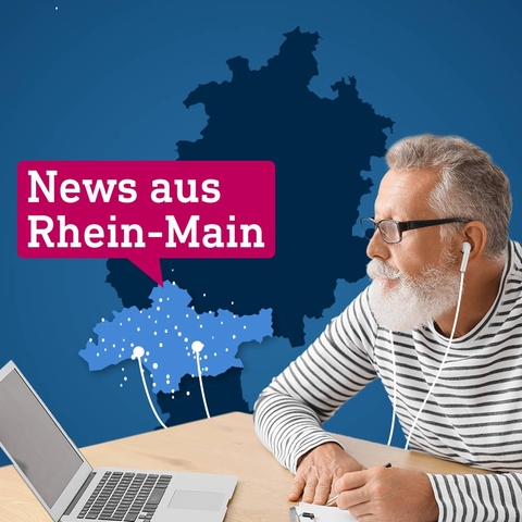 Eine Hessenkarte in dunkelblauer Farbe, wobei die Region Rhein-Main hellblau gefärbt ist. Auf dieser Färbung sind viele kleinere und einige größere weiße Punkte zu sehen, von welchen weiße dünne Linien wegführen. Vor den eingefärbten Flächen ist eine Person platziert, die Kopfhörer trägt, von welchen auch weiße Linien bzw. Kabel wegführen.