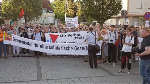 Demonstranten vor der Hofheimer Stadthalle protestieren gegen den AfD-Landesparteitag