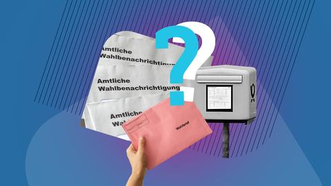 Collage aus verschiedenen Elementen: Ein Foto mit Briefen, auf denen "Amtliche Wahlbenachrichtigung" steht; eine Hand mit einem rötlichen Wahlbrief; ein Briefkasten in s/w und zwei Fragezeichen, eins weiß, eins türkisfarben. Alles vor einem blauen Hintergrund angeordnet.