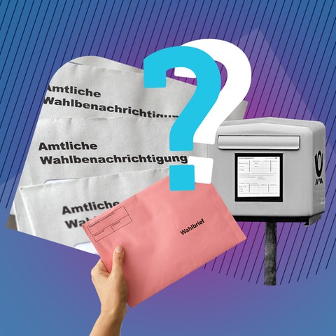 Collage aus verschiedenen Elementen: Ein Foto mit Briefen, auf denen "Amtliche Wahlbenachrichtigung" steht; eine Hand mit einem rötlichen Wahlbrief; ein Briefkasten in s/w und zwei Fragezeichen, eins weiß, eins türkisfarben. Alles vor einem blauen Hintergrund angeordnet.