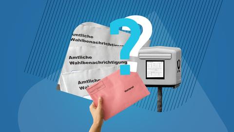 Collage aus verschiedenen Elementen: Ein Foto mit Briefen, auf denen "Amtliche Wahlbenachrichtigung" steht; eine Hand mit einem rötlichen Wahlbrief; ein Briefkasten in s/w und zwei Fragezeichen, eins weiß, eins türkisfarben. Alles vor einem blauen Hintergrund angeordnet.