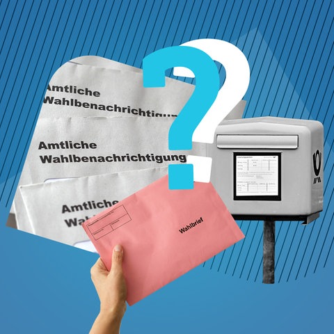 Collage aus verschiedenen Elementen: Ein Foto mit Briefen, auf denen "Amtliche Wahlbenachrichtigung" steht; eine Hand mit einem rötlichen Wahlbrief; ein Briefkasten in s/w und zwei Fragezeichen, eins weiß, eins türkisfarben. Alles vor einem blauen Hintergrund angeordnet.