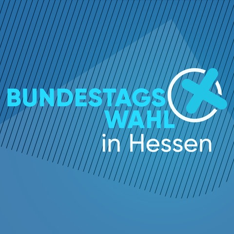 Blaue Farbfläche mit einem Wahlkreuz mit dem Text "Bundestagswahl in Hessen".