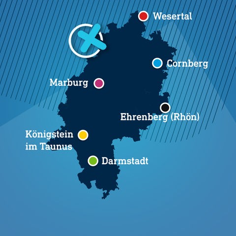 Eine Hessenkarte mit eingezeichneten Ortspunkten in Parteifarben.